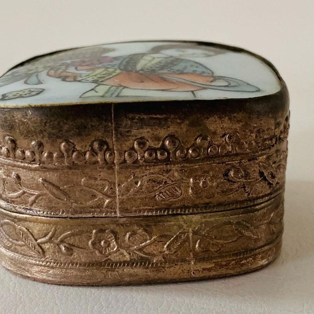 Vintage Asian porcelain shard lid metal silver trinket box